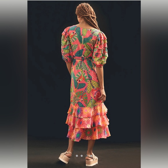FARM RIO Macaws-print Puff-sleeve Midi Dress - Picture 5 of 7